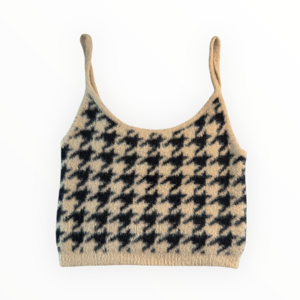 Kendall Kylie Houndstooth Knit Tank‎ Top Camisole Women's Small Tan Black Fuzzy